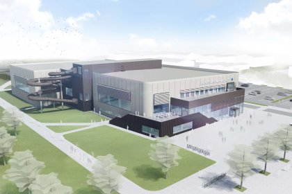 Nya badhuset i Kungsbacka som står klart 2020 med stomme från Strängbetong. Illustration: PP Arkitekter